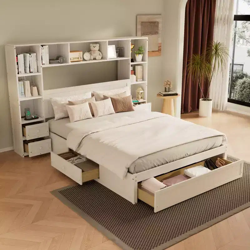 Letto a piattaforma in legno di pino a grandezza naturale con comodini e mobile libreria
