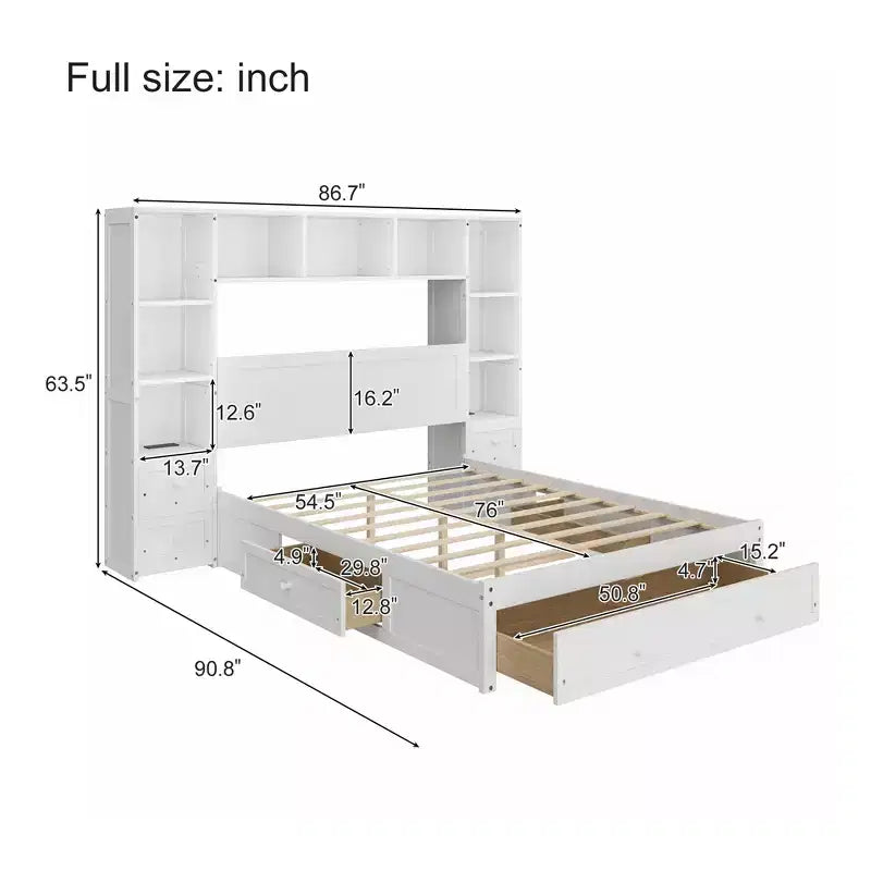 Letto a piattaforma in legno di pino a grandezza naturale con comodini e mobile libreria