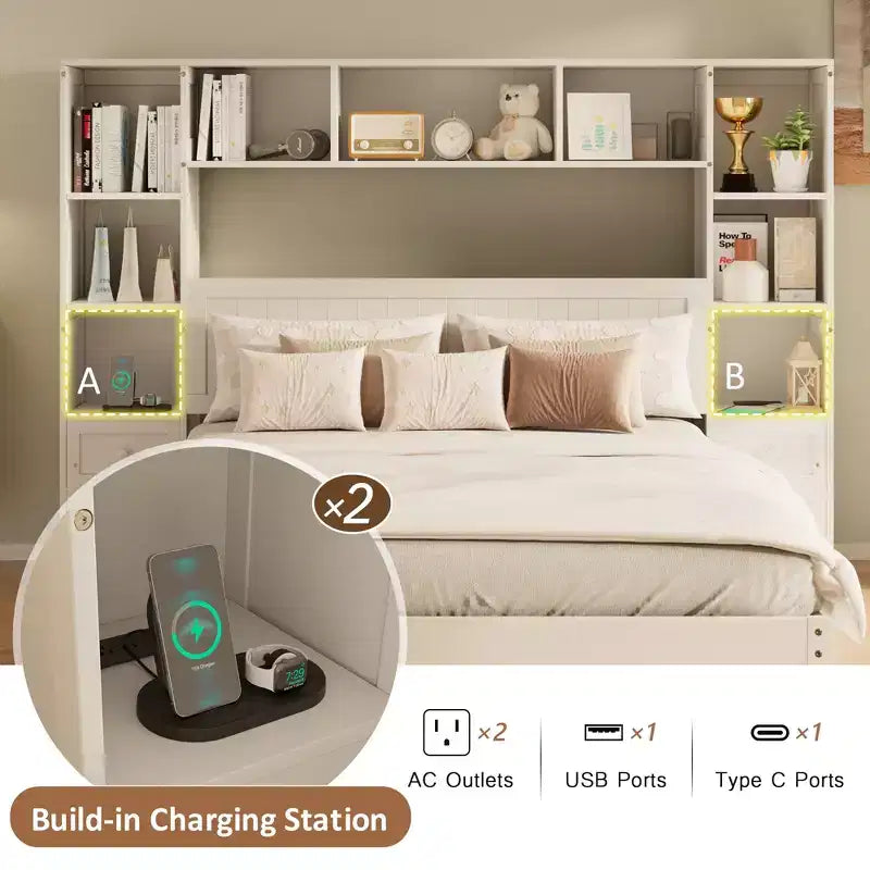 Letto a piattaforma in legno di pino a grandezza naturale con comodini e mobile libreria