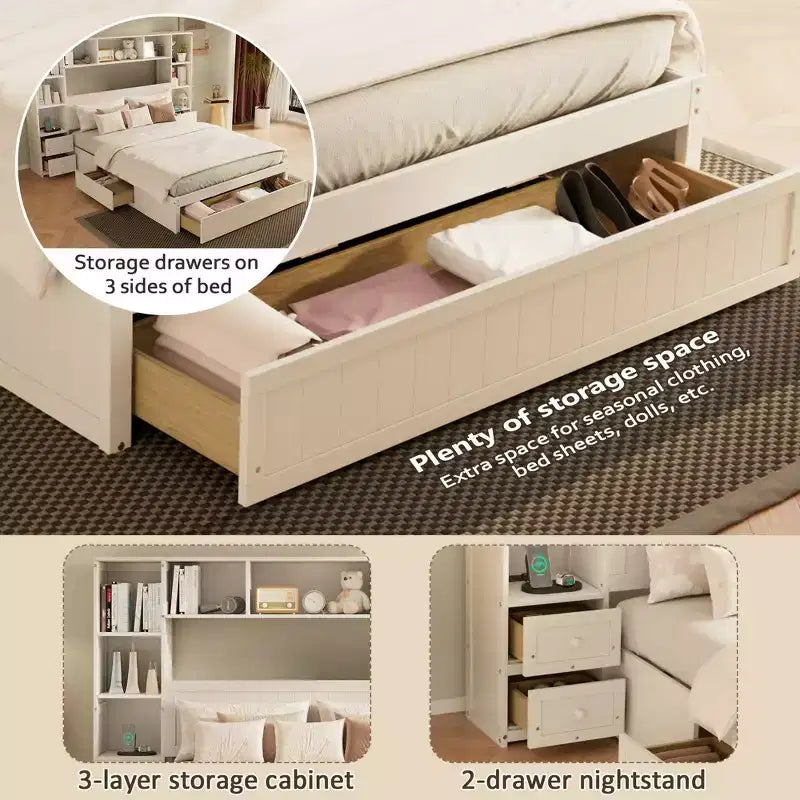Letto a piattaforma in legno di pino a grandezza naturale con comodini e mobile libreria