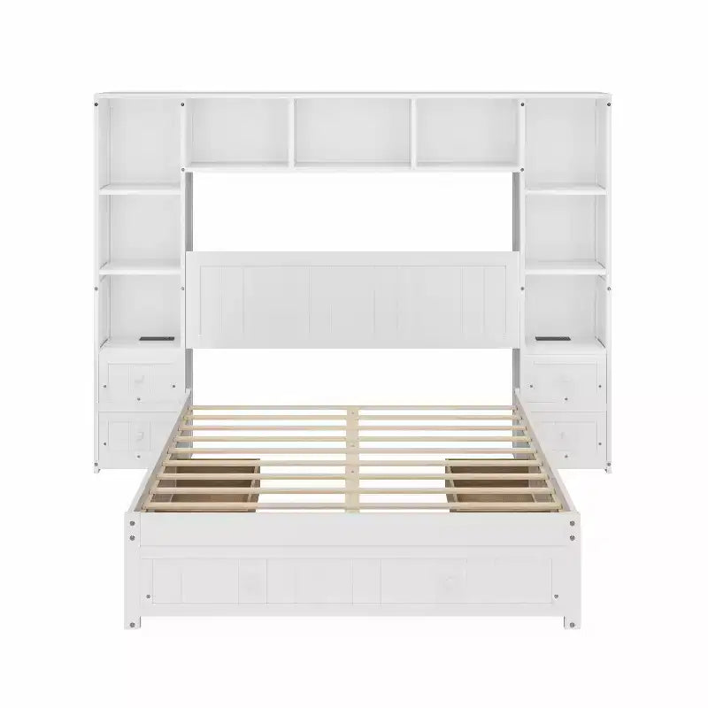 Letto a piattaforma in legno di pino a grandezza naturale con comodini e mobile libreria