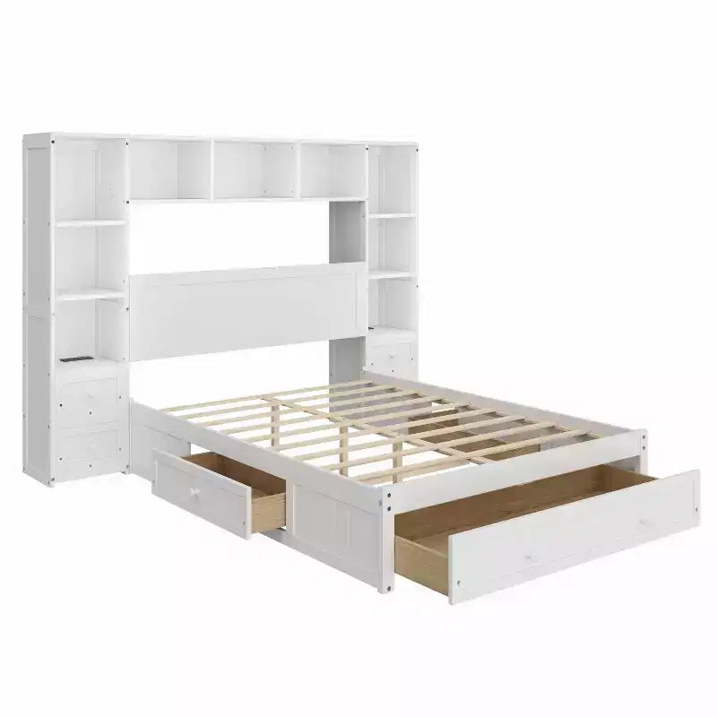 Letto a piattaforma in legno di pino a grandezza naturale con comodini e mobile libreria
