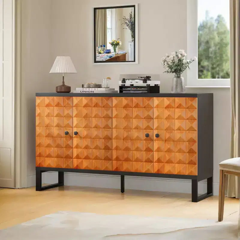 Madia moderna, Madia buffet con 4 ante dal design geometrico elegante, Credenza per soggiorno, ufficio, cucina
