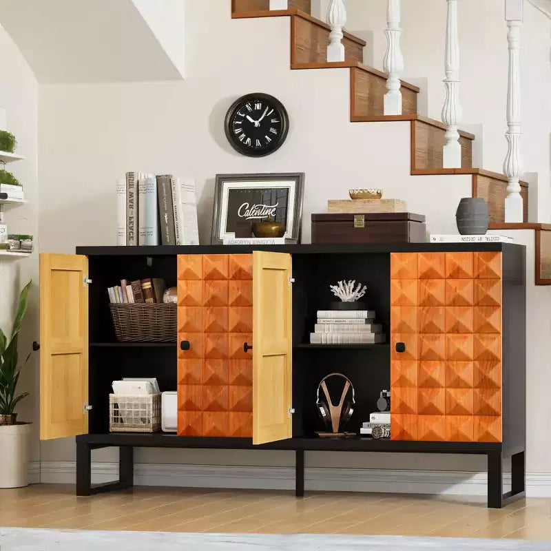 Madia moderna, Madia buffet con 4 ante dal design geometrico elegante, Credenza per soggiorno, ufficio, cucina
