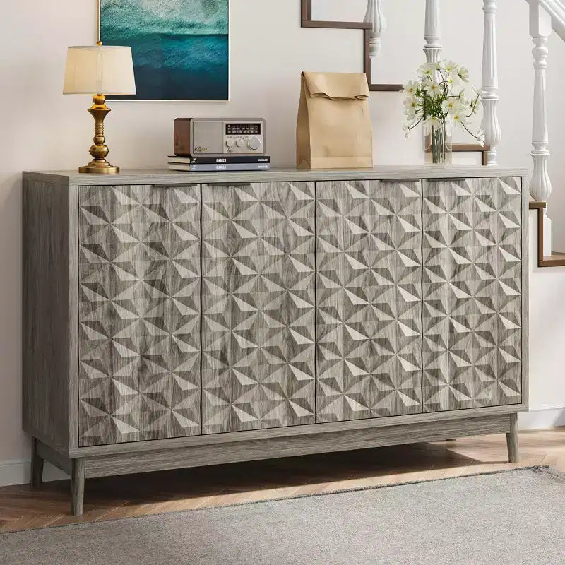 Madia moderna, Madia buffet con 4 ante dal design geometrico elegante, Credenza per soggiorno, ufficio, cucina
