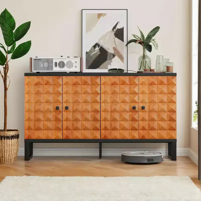 Madia moderna, Madia buffet con 4 ante dal design geometrico elegante, Credenza per soggiorno, ufficio, cucina