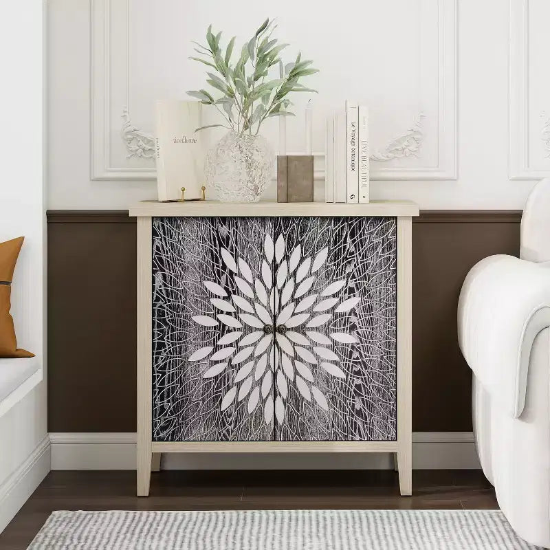 Credenza moderna, credenza con quattro ante con motivi intagliati, mobile contenitore per cucina, sala da pranzo, ingresso