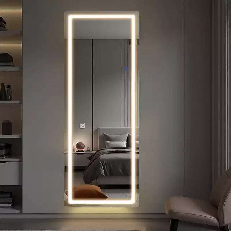 Specchio intero rettangolare angolare senza cornice in lega di alluminio con bordi arrotondati e supporto per soggiorno camera da letto, bianco