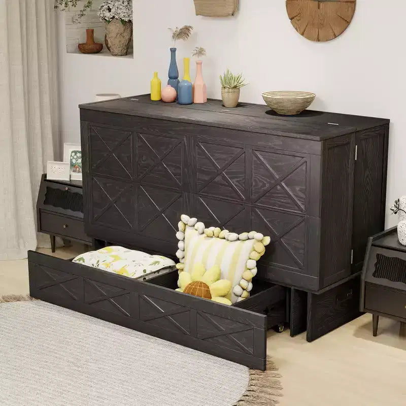 Letto a scomparsa Queen in legno massello con caricabatterie integrato e cassetto robusto