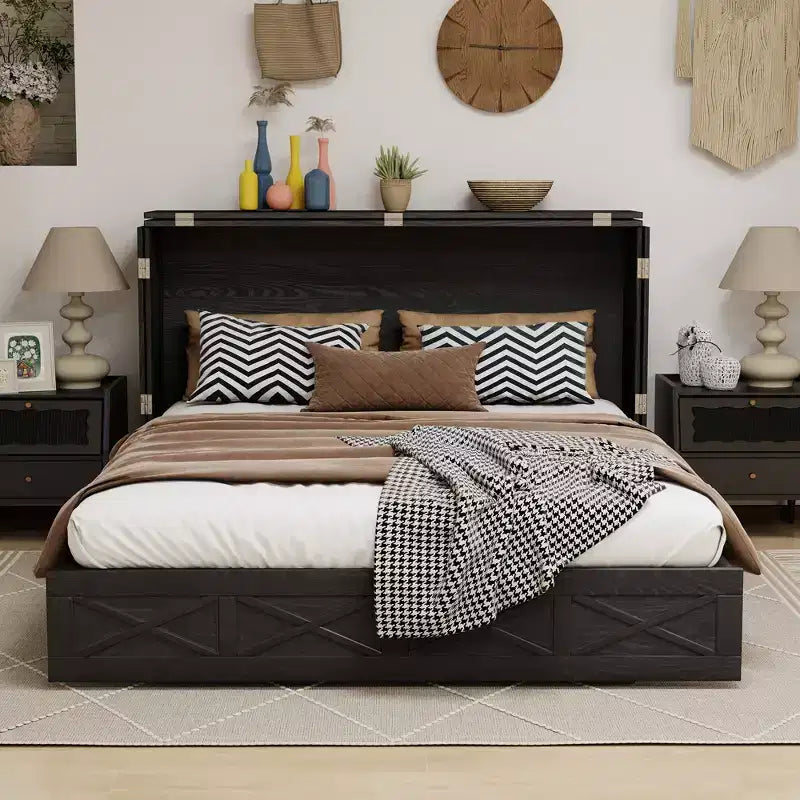 Letto a scomparsa Queen in legno massello con caricabatterie integrato e cassetto robusto