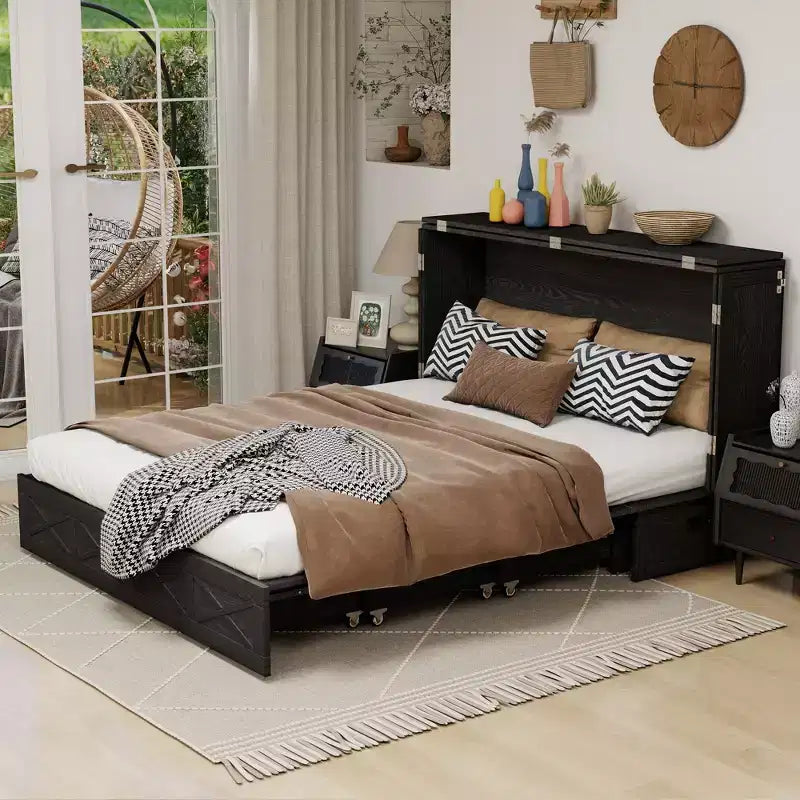 Letto a scomparsa Queen in legno massello con caricabatterie integrato e cassetto robusto