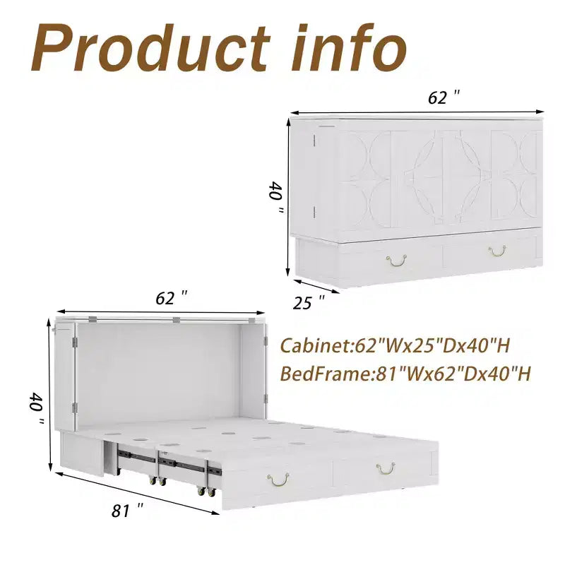 Letto a scomparsa Queen in legno massello con caricabatterie integrato e cassetto robusto