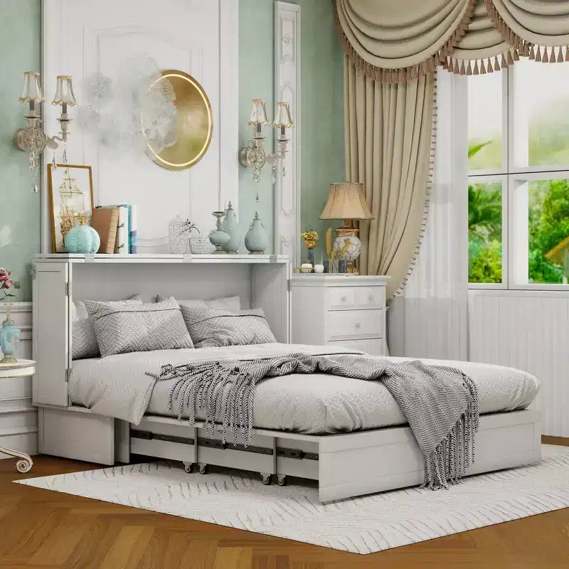 Letto a scomparsa Queen in legno massello con caricabatterie integrato e cassetto robusto