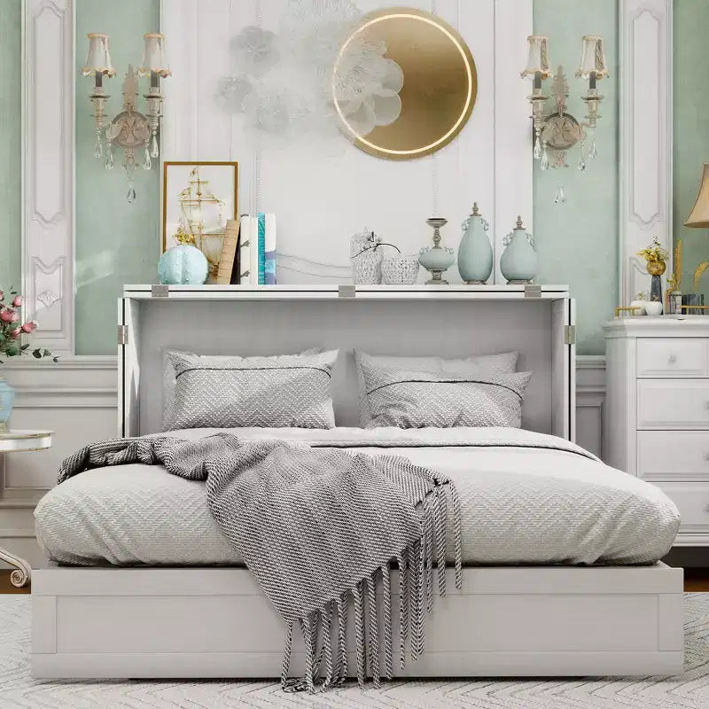 Letto a scomparsa Queen in legno massello con caricabatterie integrato e cassetto robusto