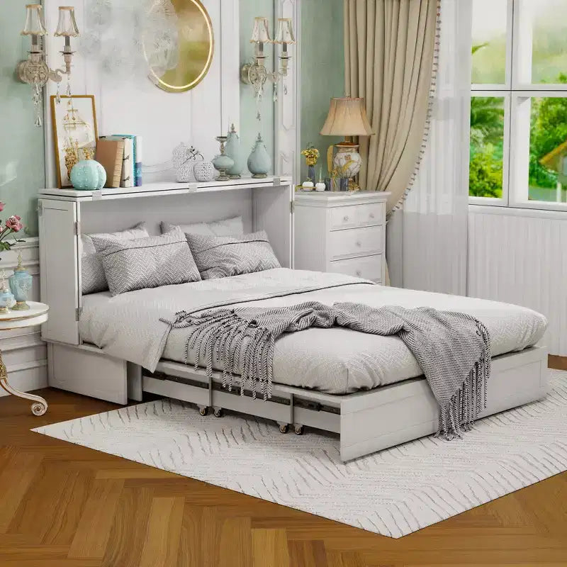 Letto a scomparsa Queen in legno massello con caricabatterie integrato e cassetto robusto