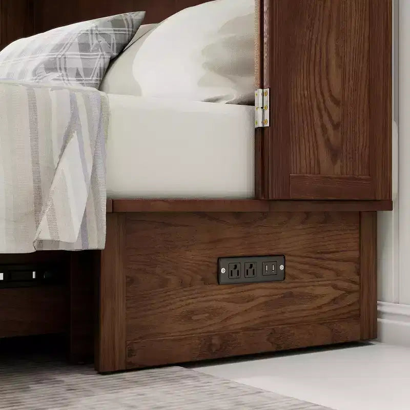 Letto a scomparsa Queen in legno massello con caricabatterie integrato e cassetto robusto