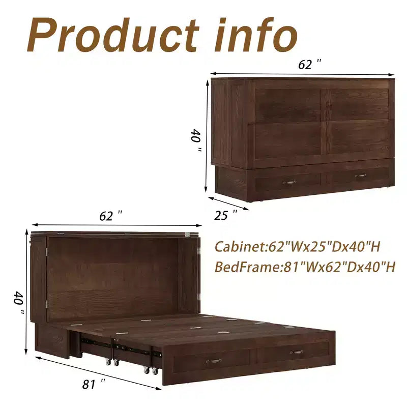Letto a scomparsa Queen in legno massello con caricabatterie integrato e cassetto robusto