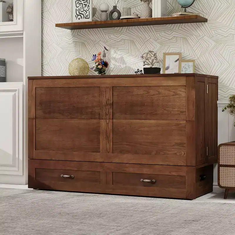 Letto a scomparsa Queen in legno massello con caricabatterie integrato e cassetto robusto