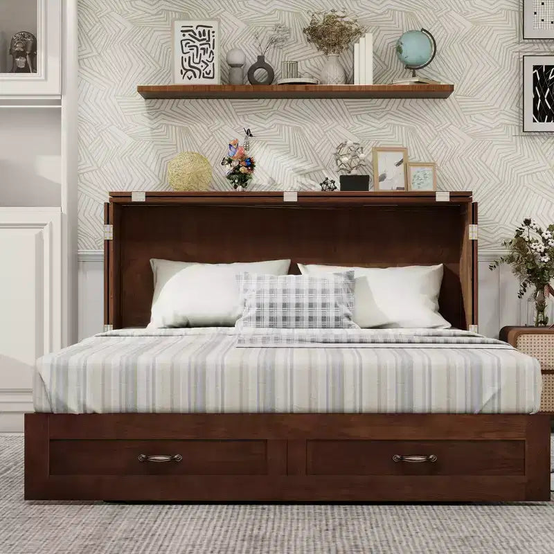 Letto a scomparsa Queen in legno massello con caricabatterie integrato e cassetto robusto