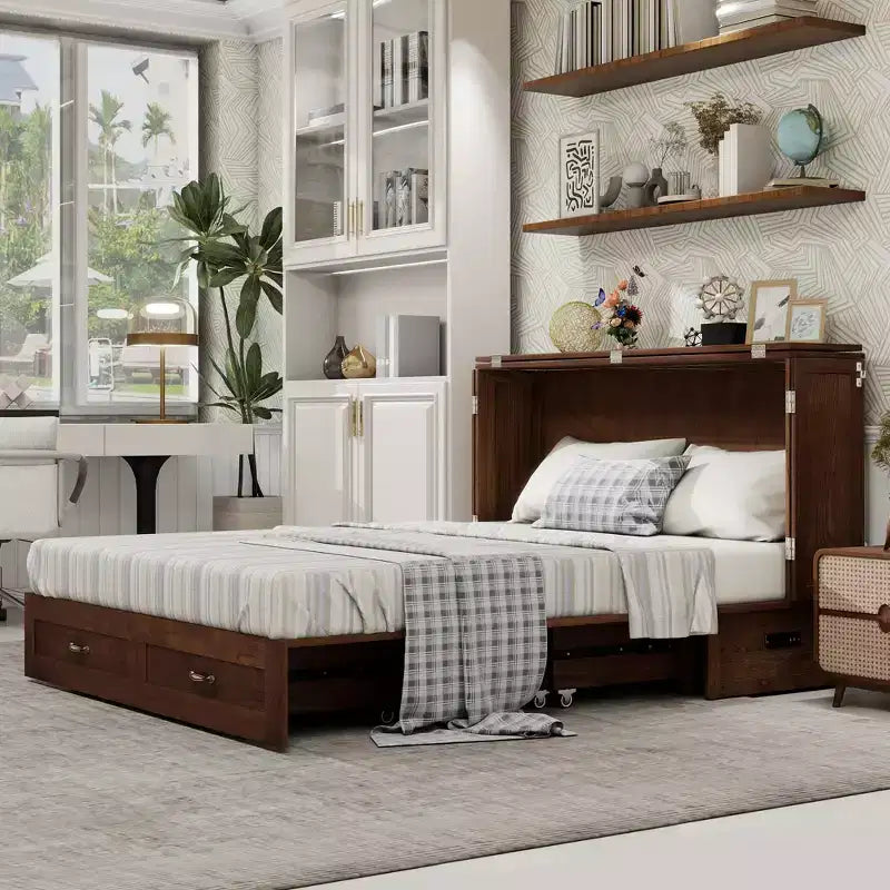 Letto a scomparsa Queen in legno massello con caricabatterie integrato e cassetto robusto