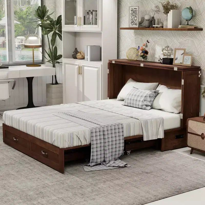 Letto a scomparsa Queen in legno massello con caricabatterie integrato e cassetto robusto