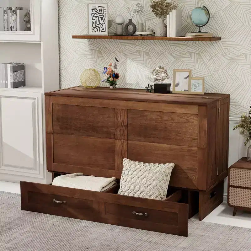 Letto a scomparsa Queen in legno massello con caricabatterie integrato e cassetto robusto