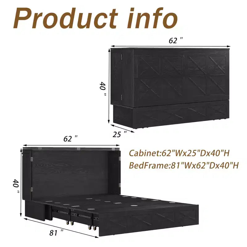 Letto a scomparsa Queen in legno massello con caricabatterie integrato e cassetto robusto