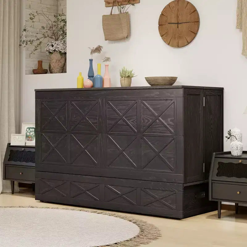 Letto a scomparsa Queen in legno massello con caricabatterie integrato e cassetto robusto