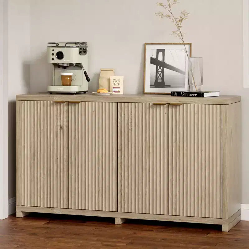 Madia Moderna Scanalata con Contenitore, 4 Ante Ammortizzate, Ripiani Regolabili, Piano Spesso, Gestione Cavi, Credenza Profonda 15,6 per Cucina