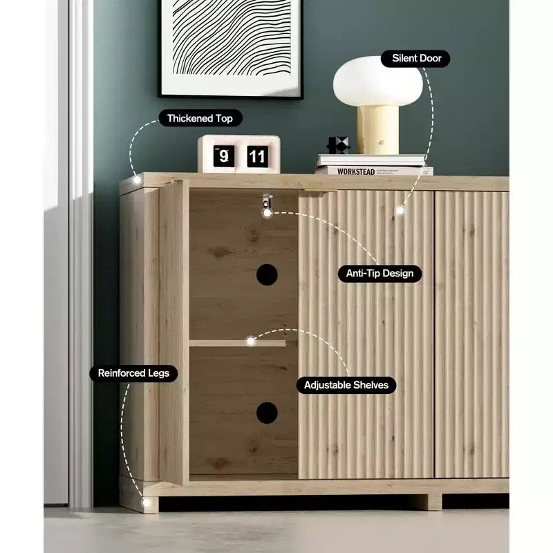 Madia Moderna Scanalata con Contenitore, 4 Ante Ammortizzate, Ripiani Regolabili, Piano Spesso, Gestione Cavi, Credenza Profonda 15,6 per Cucina