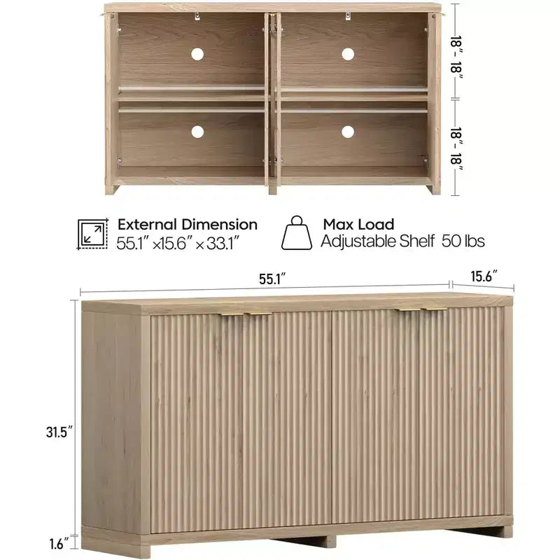Madia Moderna Scanalata con Contenitore, 4 Ante Ammortizzate, Ripiani Regolabili, Piano Spesso, Gestione Cavi, Credenza Profonda 15,6 per Cucina