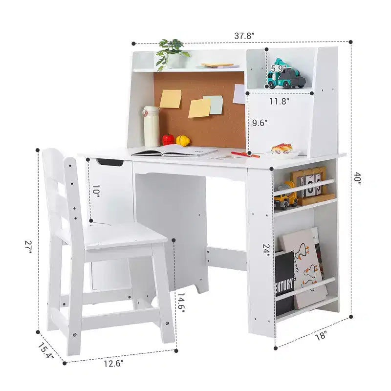 Set Scrivania e Sedia per Bambini, Tavolo da Studio in Legno con Scaffale e Bacheca, Scrivania per Apprendimento e Scrittura per Bambini