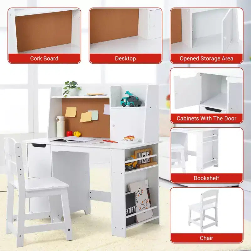 Set Scrivania e Sedia per Bambini, Tavolo da Studio in Legno con Scaffale e Bacheca, Scrivania per Apprendimento e Scrittura per Bambini