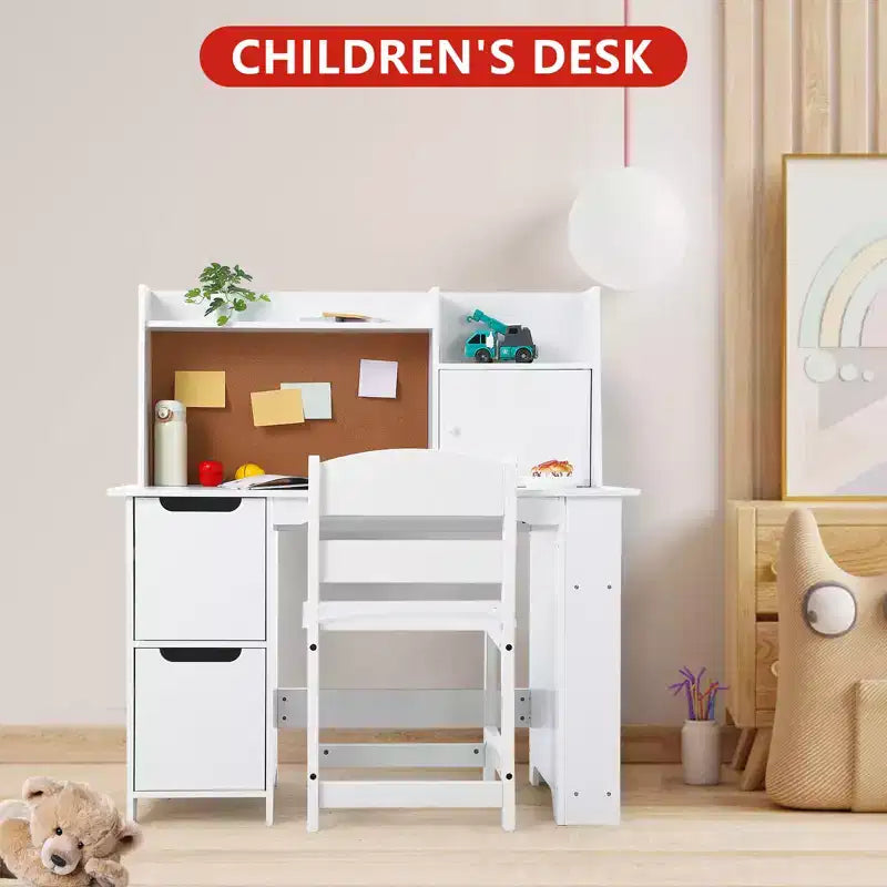 Set Scrivania e Sedia per Bambini, Tavolo da Studio in Legno con Scaffale e Bacheca, Scrivania per Apprendimento e Scrittura per Bambini