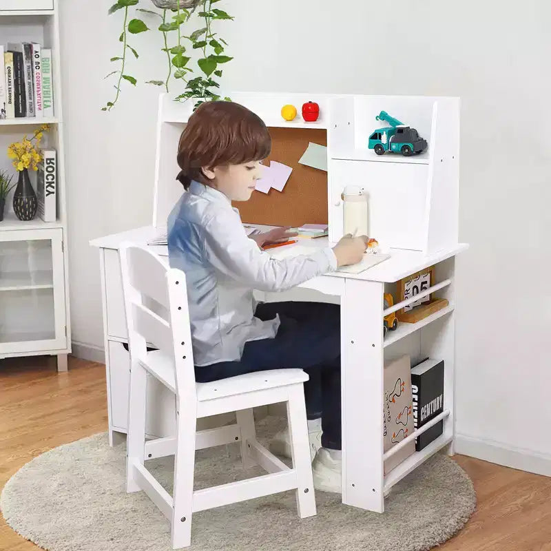 Set Scrivania e Sedia per Bambini, Tavolo da Studio in Legno con Scaffale e Bacheca, Scrivania per Apprendimento e Scrittura per Bambini