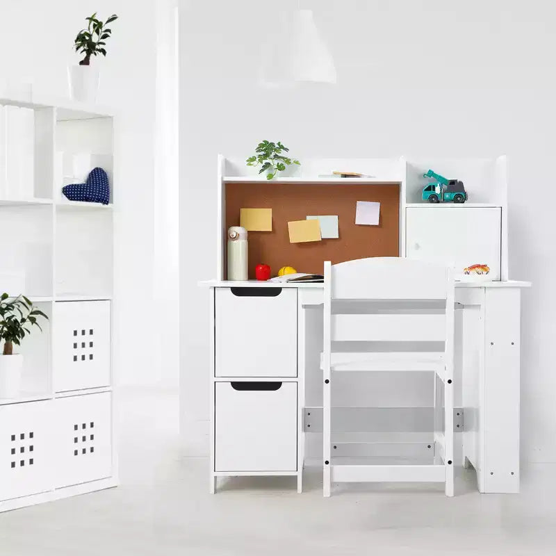 Set Scrivania e Sedia per Bambini, Tavolo da Studio in Legno con Scaffale e Bacheca, Scrivania per Apprendimento e Scrittura per Bambini