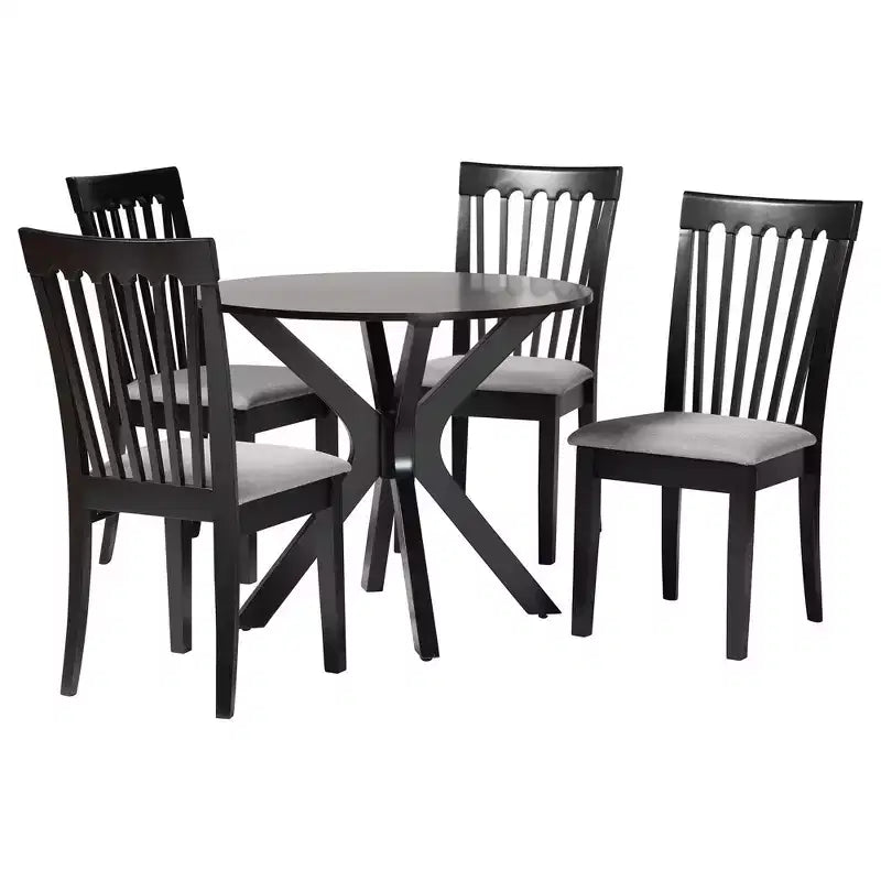 Set da pranzo 5 pezzi Lore in tessuto grigio moderno e legno marrone scuro