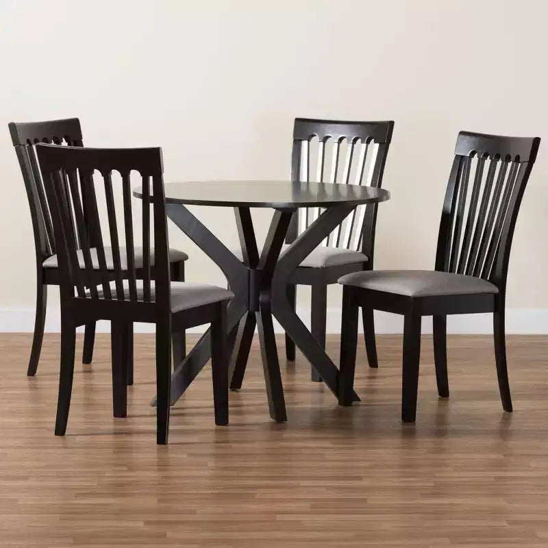 Set da pranzo 5 pezzi Lore in tessuto grigio moderno e legno marrone scuro
