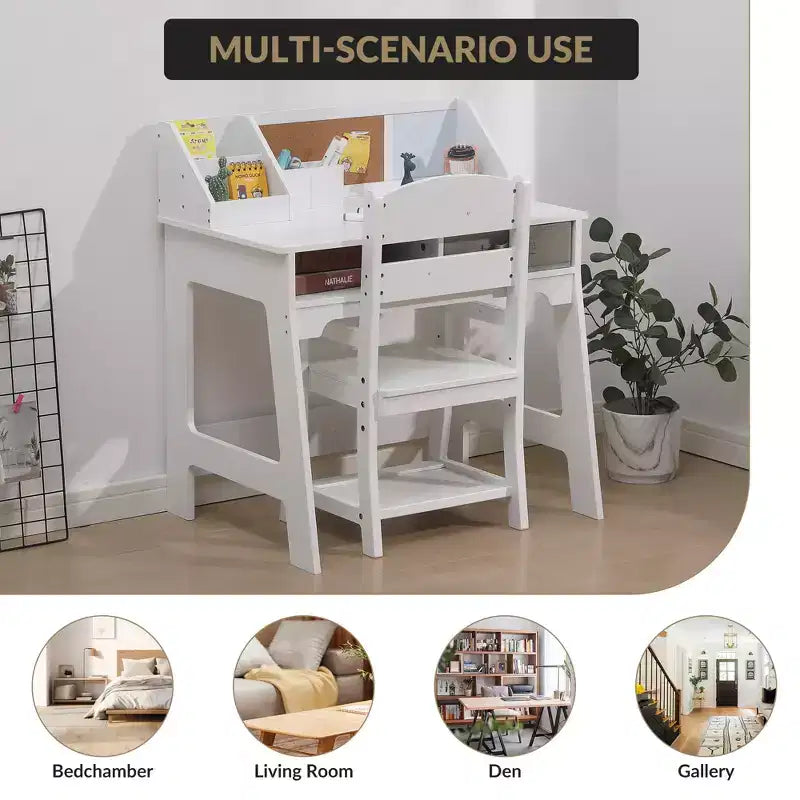 Set Tavolo da Studio per Bambini con Sedia Regolabile, Scrivania da Studio con Alzata, Lavagna, 2 Cassetti, 2 Portapenne