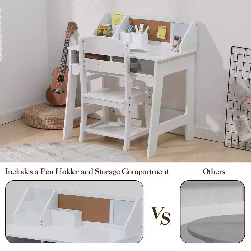 Set Tavolo da Studio per Bambini con Sedia Regolabile, Scrivania da Studio con Alzata, Lavagna, 2 Cassetti, 2 Portapenne