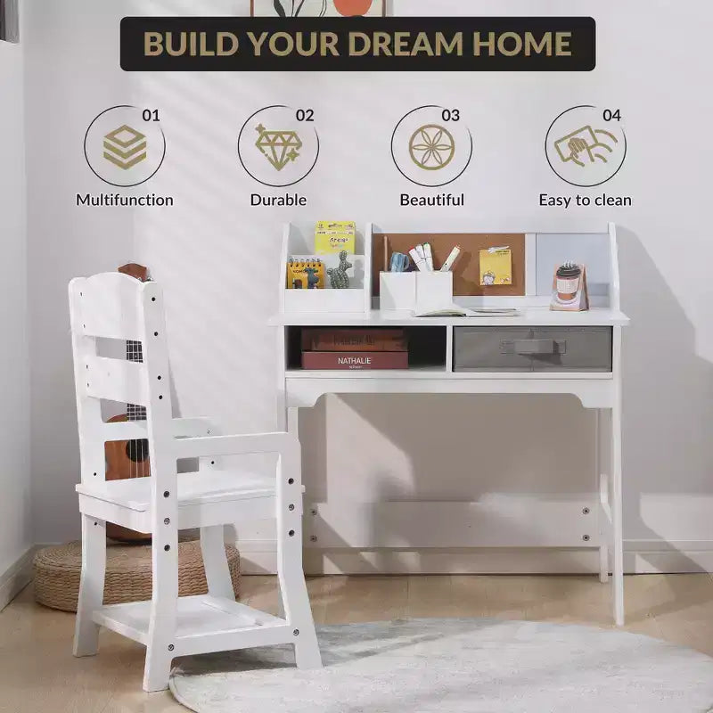 Set Tavolo da Studio per Bambini con Sedia Regolabile, Scrivania da Studio con Alzata, Lavagna, 2 Cassetti, 2 Portapenne