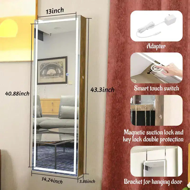Specchio a figura intera con portagioie, Specchio da parete con serratura di sicurezza, Specchio da porta per soggiorno, cabina armadio