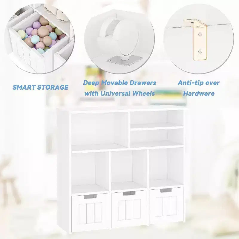 Mobiletto con 3 Cassetti Mobili e 6 Cubi, Scaffale per Bambini Libreria per Bambini con Ruote Nascoste, Organizzatore Libreria per Bambini
