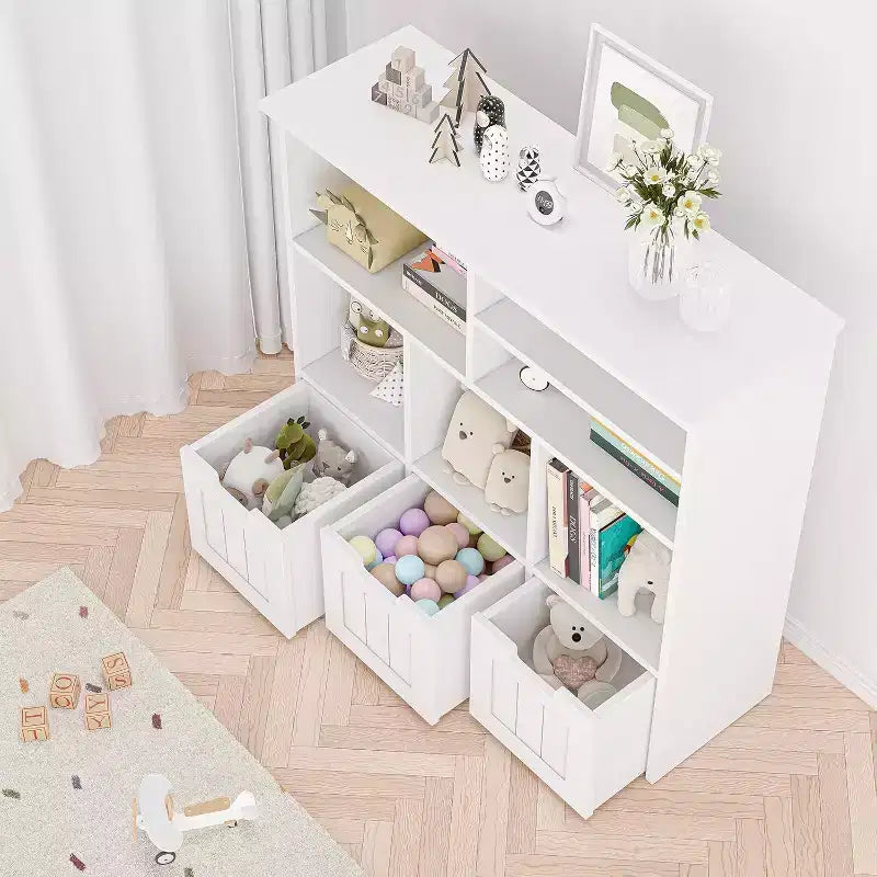 Mobiletto con 3 Cassetti Mobili e 6 Cubi, Scaffale per Bambini Libreria per Bambini con Ruote Nascoste, Organizzatore Libreria per Bambini