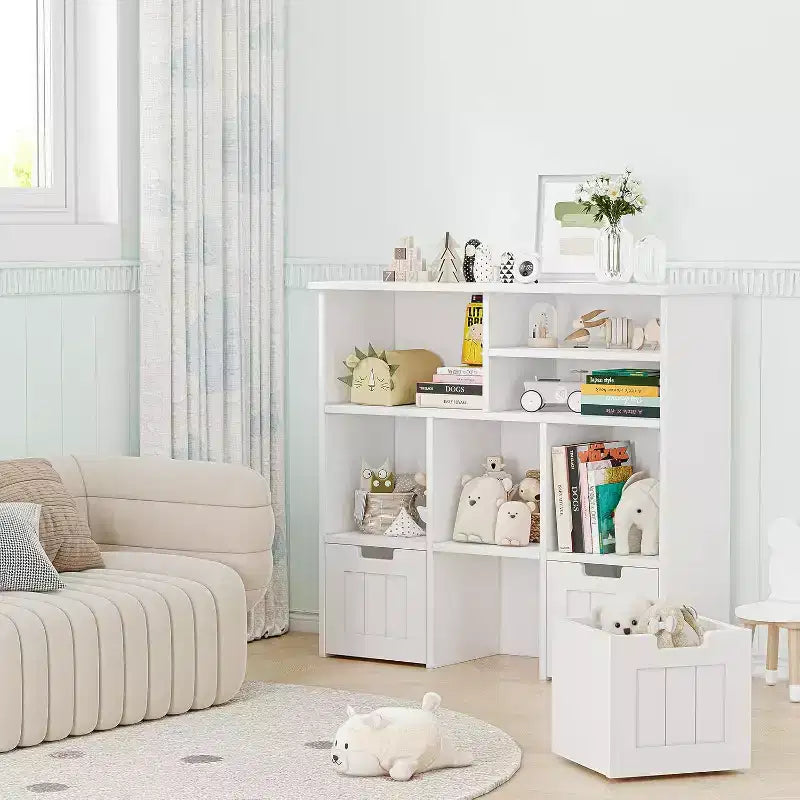 Mobiletto con 3 Cassetti Mobili e 6 Cubi, Scaffale per Bambini Libreria per Bambini con Ruote Nascoste, Organizzatore Libreria per Bambini