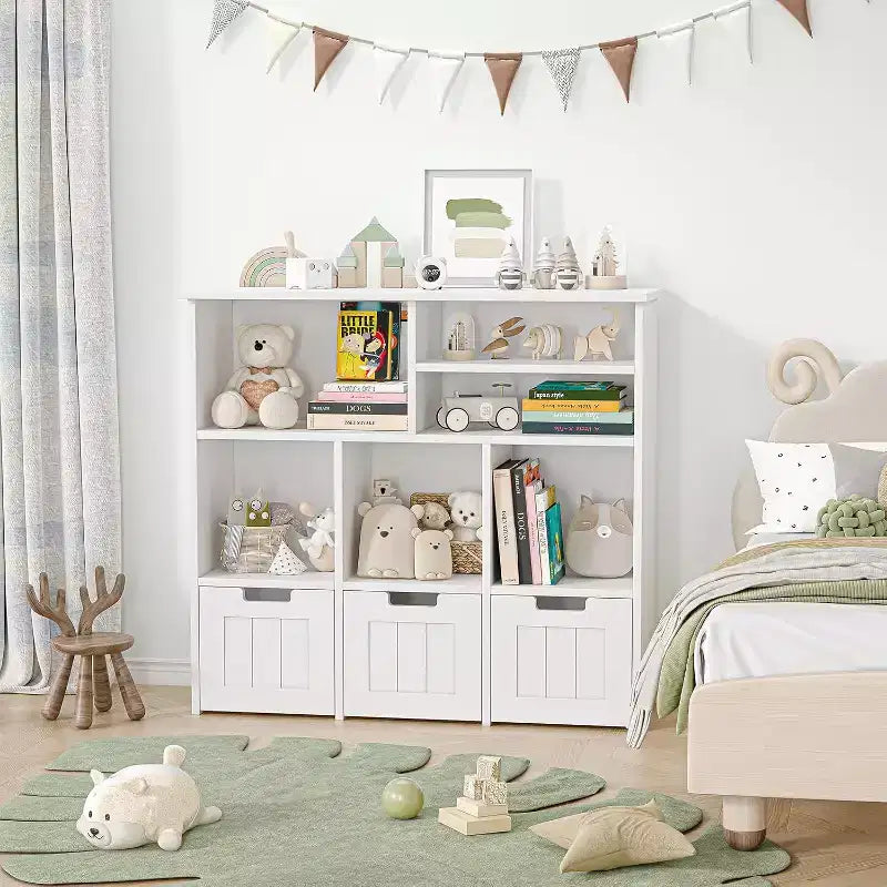 Mobiletto con 3 Cassetti Mobili e 6 Cubi, Scaffale per Bambini Libreria per Bambini con Ruote Nascoste, Organizzatore Libreria per Bambini