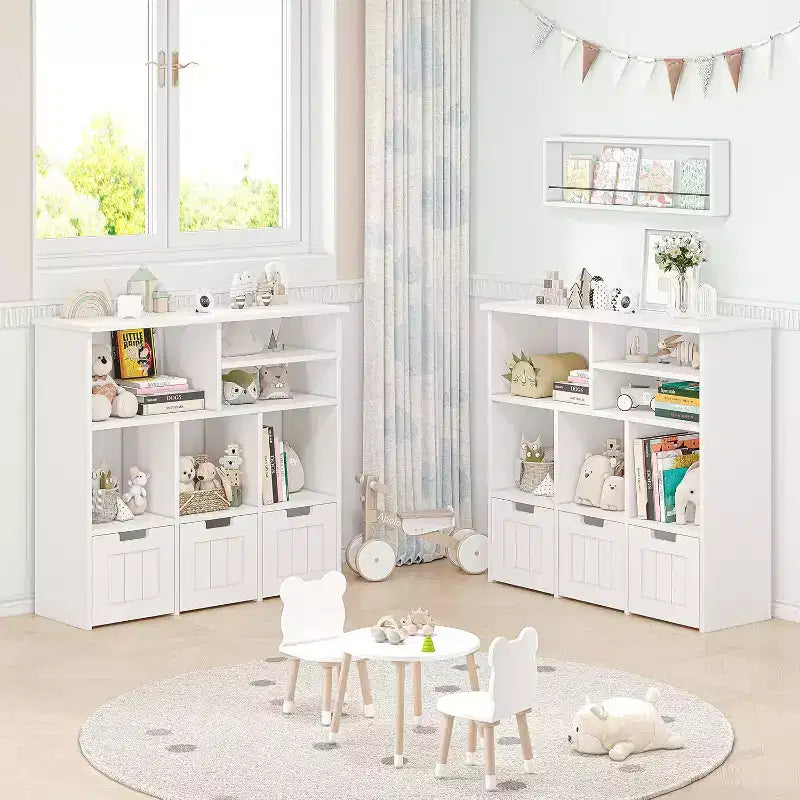 Mobiletto con 3 Cassetti Mobili e 6 Cubi, Scaffale per Bambini Libreria per Bambini con Ruote Nascoste, Organizzatore Libreria per Bambini