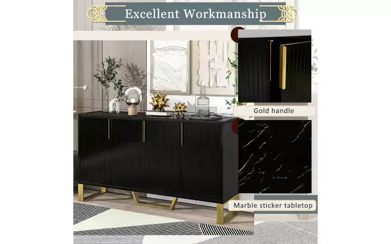 Credenza con Armadietto Contenitore, Tavolino da Caffè, Mobiletto Console con Ripiano Regolabile, 4 Ante, Nero