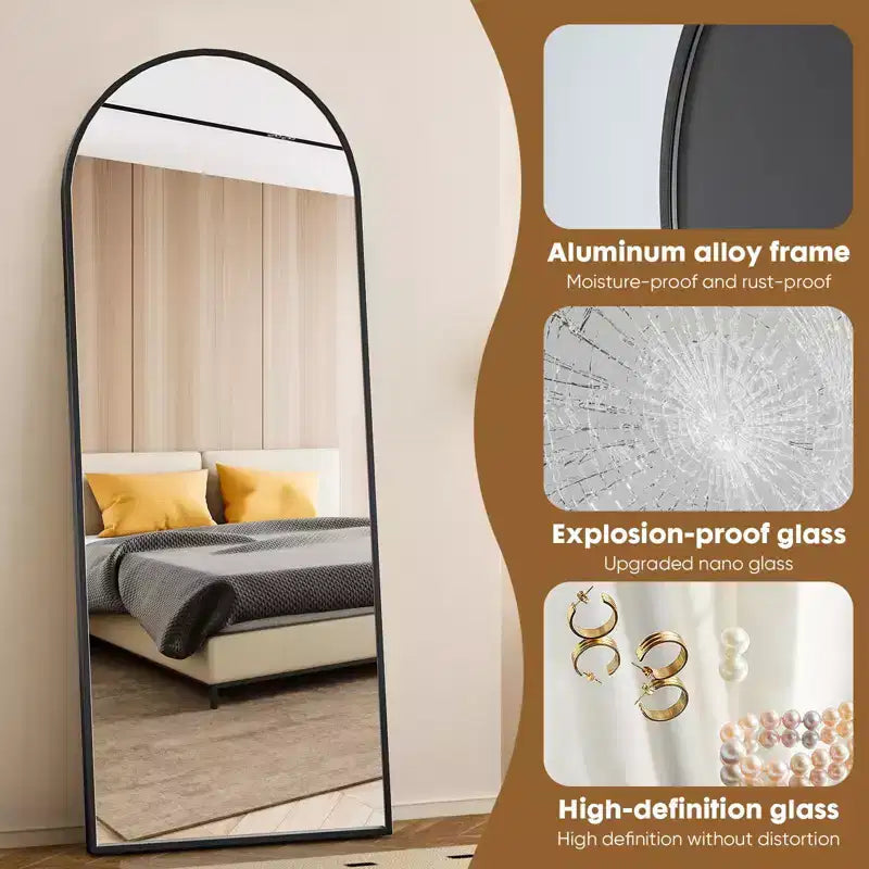 Specchio a figura intera 71*26IN rettangolare/ad arco con supporto in metallo, specchio da terra con fori per appendere, specchio da parete per camerino, negozio di abbigliamento
