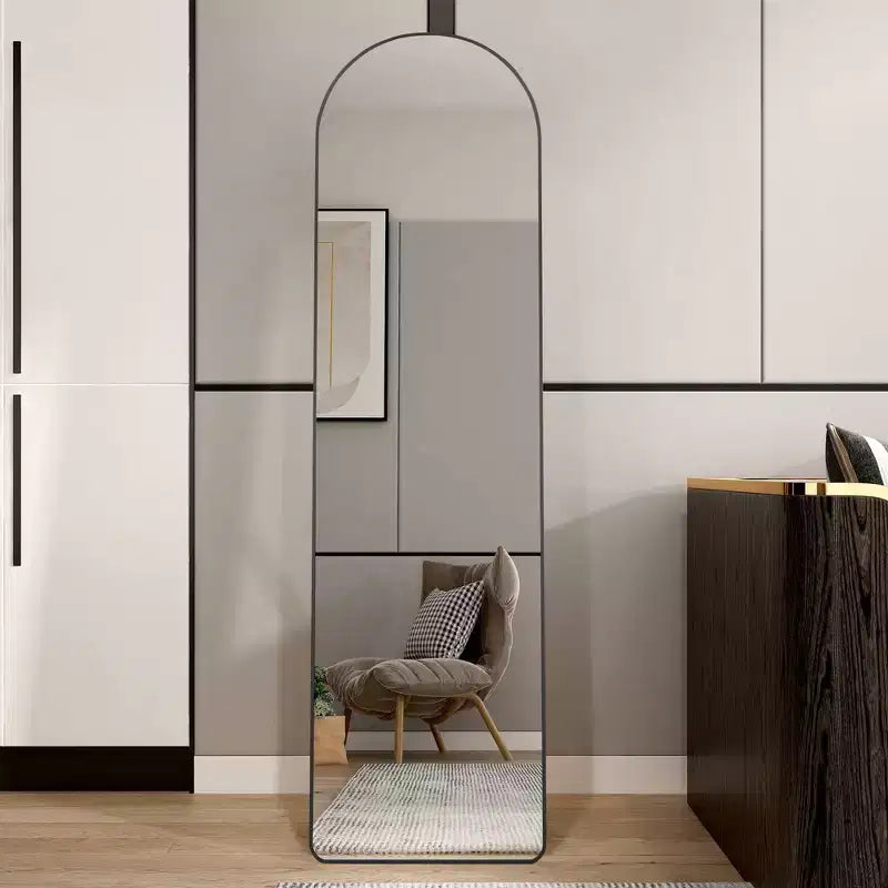 Specchio intero elegante 59*16.5 pollici con cornice in lega di alluminio, specchio da terra ad arco, specchio da pavimento per soggiorno, sala trucco, nero